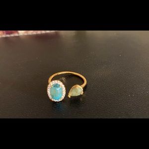 TAI ADJUSTABLE GOLD RING WITH BLUE OPAL STONE&GREEN CRYSTAL